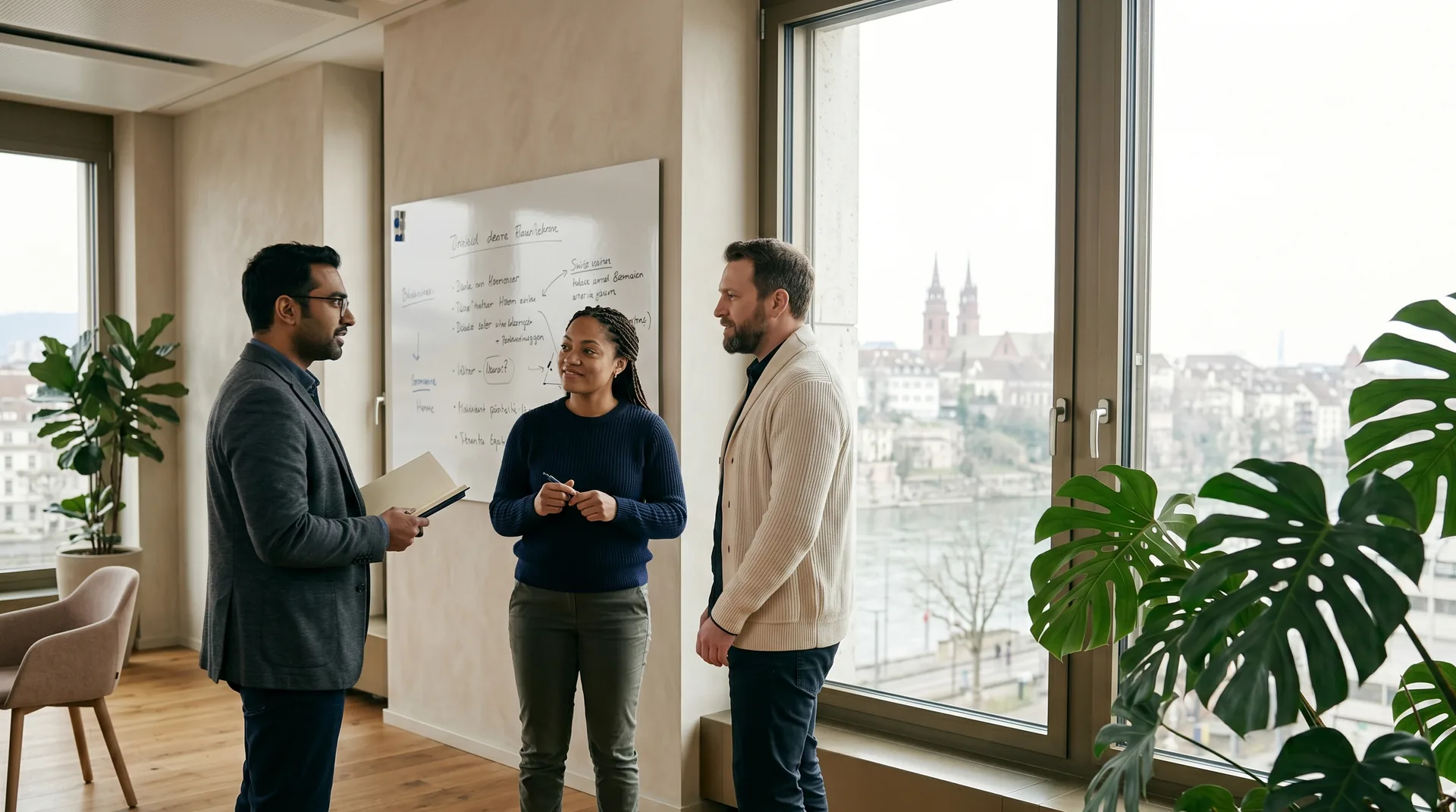 StarkRank team in strategy discussion at the whiteboard, Basel Minster and Rhine view through the window — three team members in open exchange.