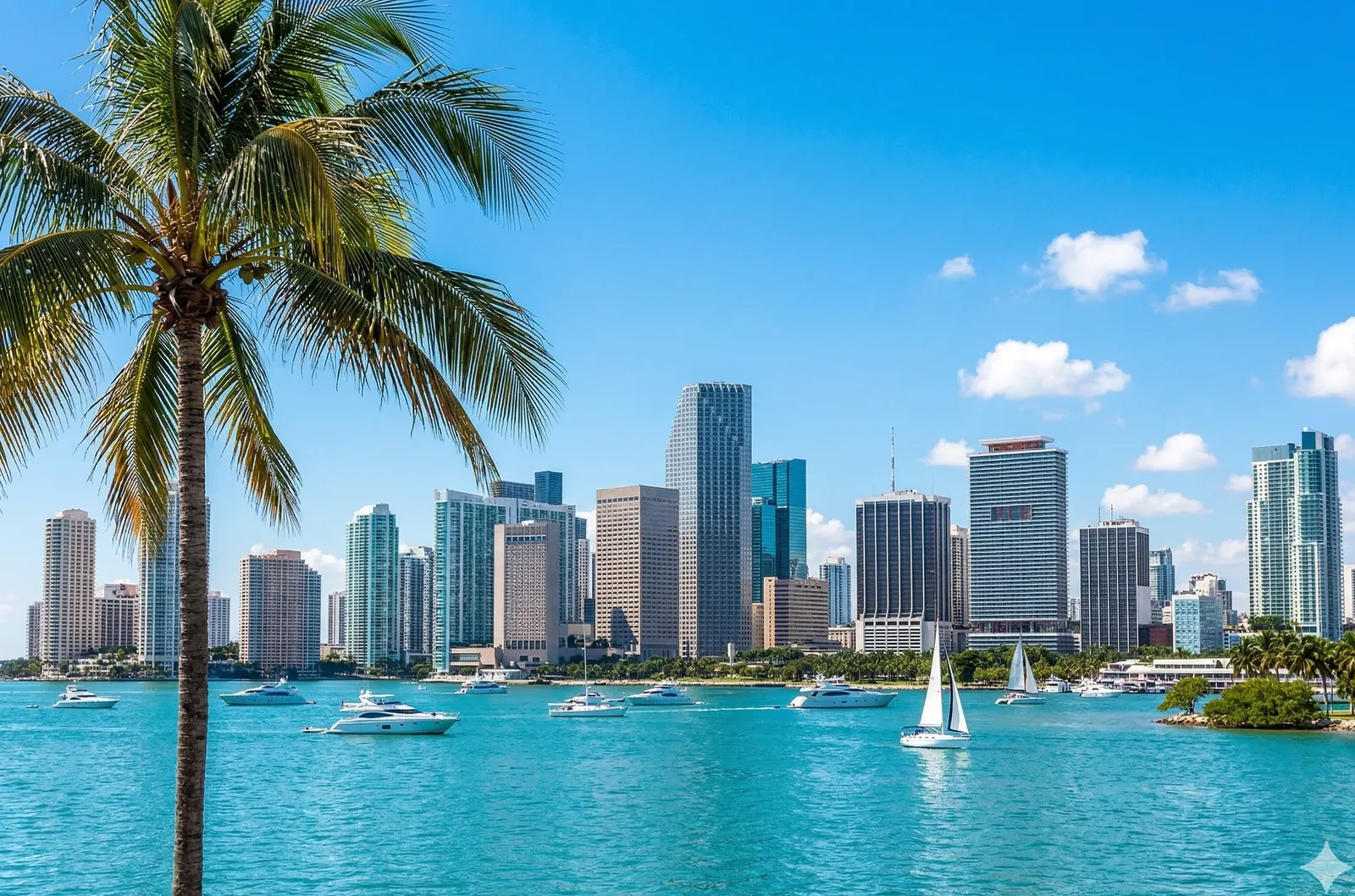 Miami downtown skyline across Biscayne Bay with palm tree and sailboats — StarkRank digital marketing services in South Florida