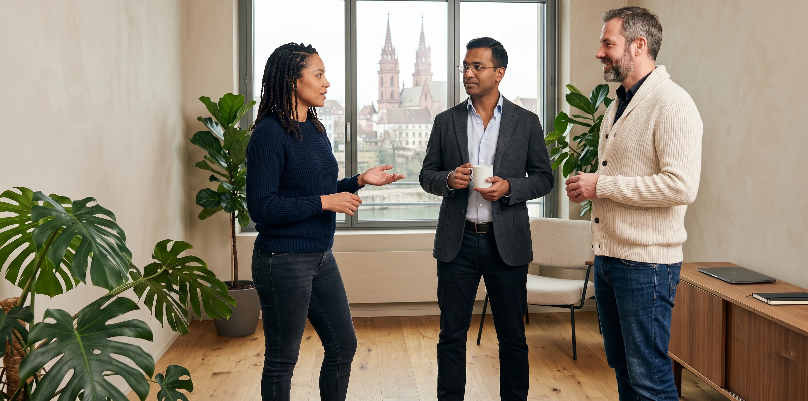 StarkRank-Team im Erstgespräch — drei Berater im offenen Austausch mit Kaffee, Basler Münster durchs Fenster sichtbar.