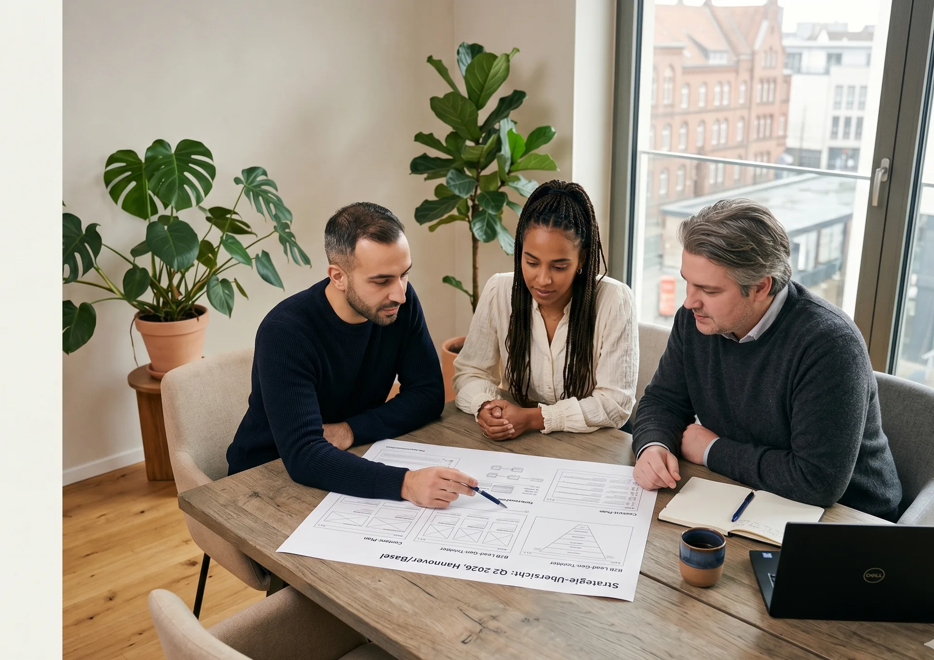 StarkRank-Team in detaillierter Strategie-Diskussion an einer gedruckten Wireframe-Skizze, Tageslicht und Stadtblick durchs Fenster — drei Teammitglieder im fokussierten Austausch.