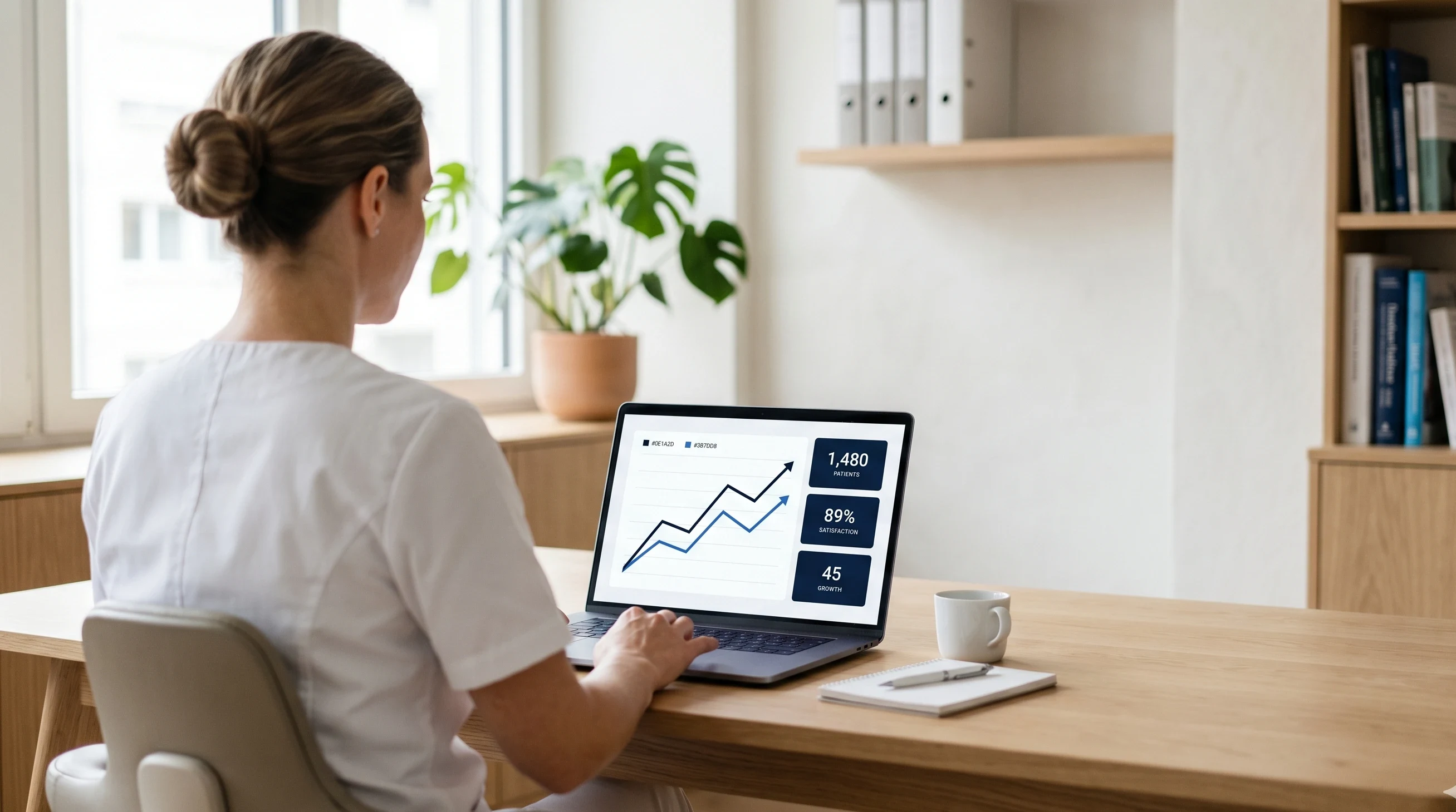 Zahnärztin am Schreibtisch in einer Schweizer Aesthetic-Praxis — Laptop zeigt Diagnose-Dashboard mit aufsteigender Sichtbarkeitskurve